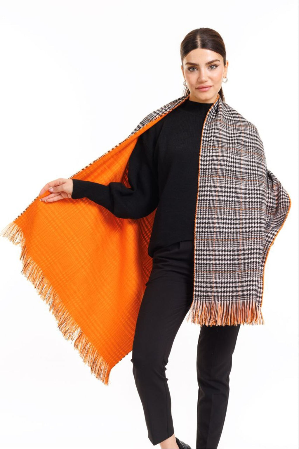 Çift Taraflı Ekoseli Yünlü Omuz Şalı - 70x190cm - Kışlık Şal
