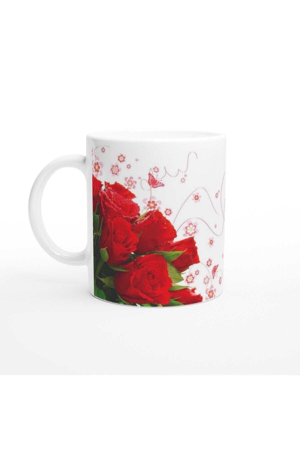 Romantik Kırmızı Gül Desenli Kupa Bardak