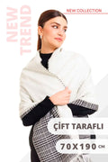 Çift Taraflı Beyaz Renk Ekoseli Yünlü Omuz Şalı 70x190cm Bağlanabilir Kışlık Kar