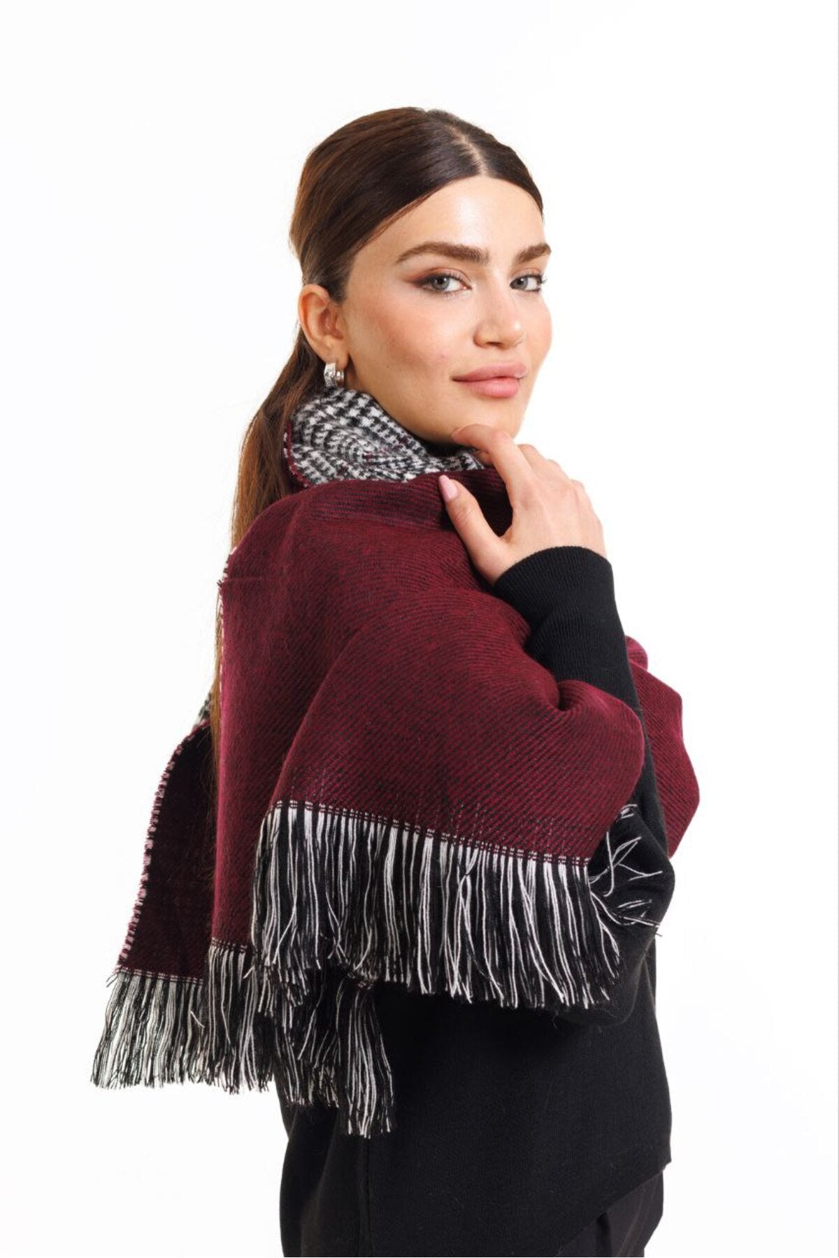 Çift Taraflı Ekoseli Yünlü Omuz Şalı - 70x190cm - Kışlık Şal