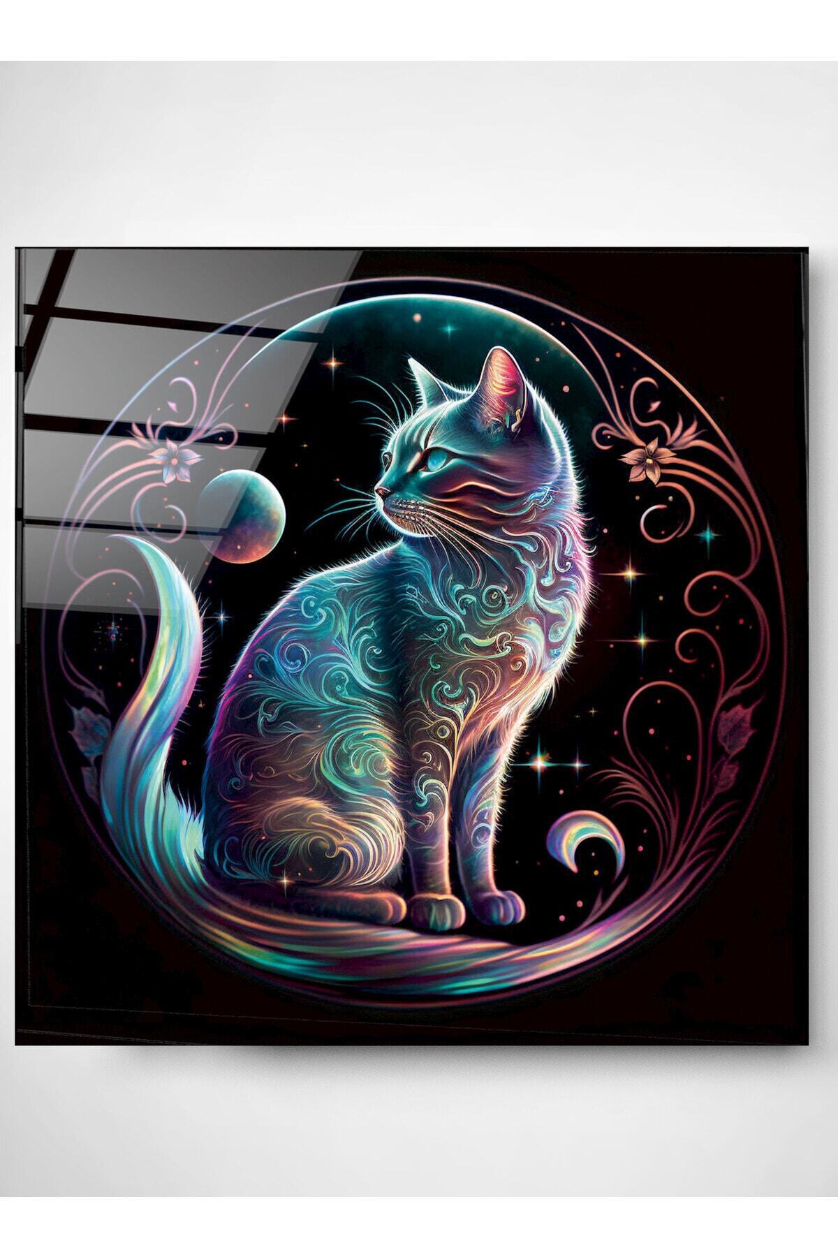Neon Kedi Cam Tablo, Dekoratif Cam Tablo
