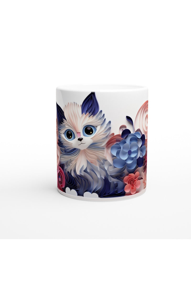Mavi Gözlü Sevimli Kedi ve Çiçek Bahçesi Temalı Baskılı Kupa Bardak