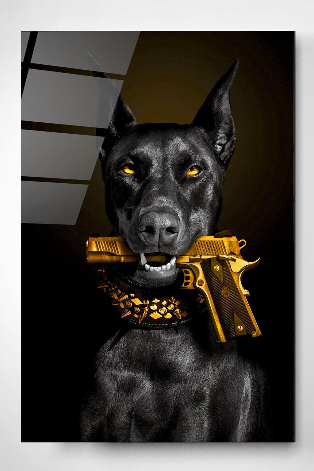 Doberman Gold Cam Tablo, Dekoratif Cam Tablo