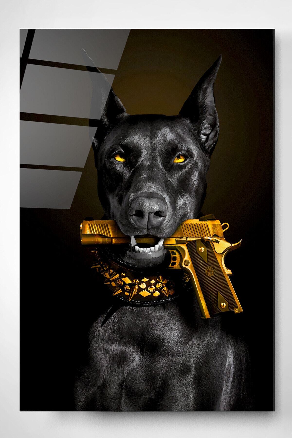 Doberman Gold Cam Tablo, Dekoratif Cam Tablo