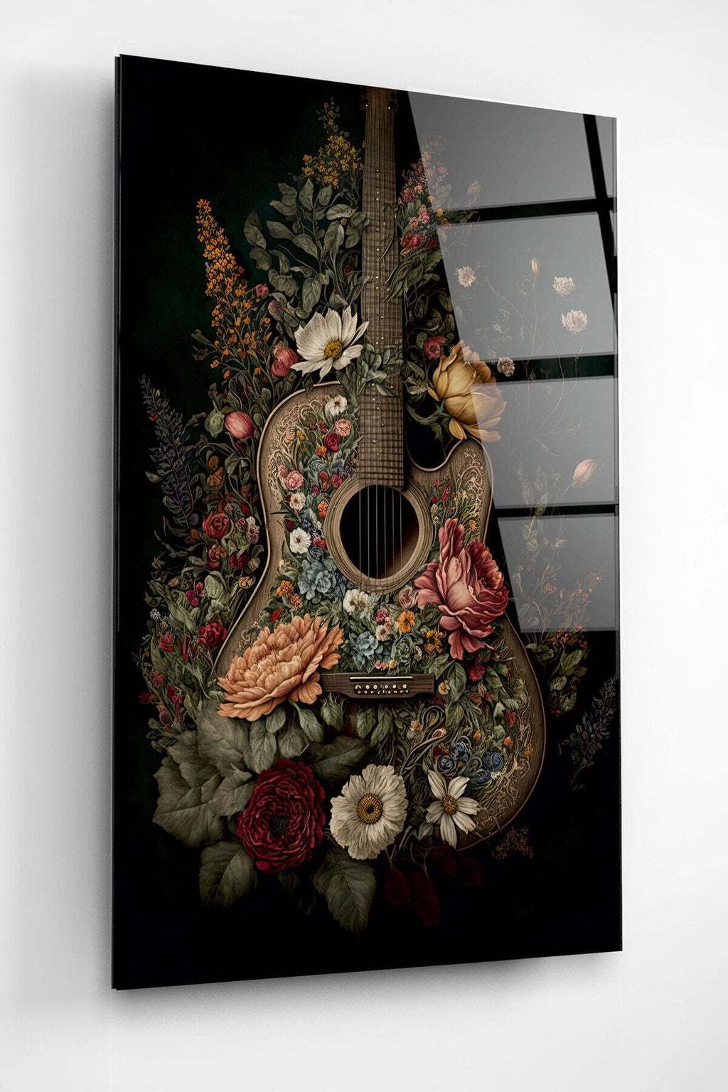 Çiçekli Gitar Cam Tablo, Dekoratif Cam Tablo