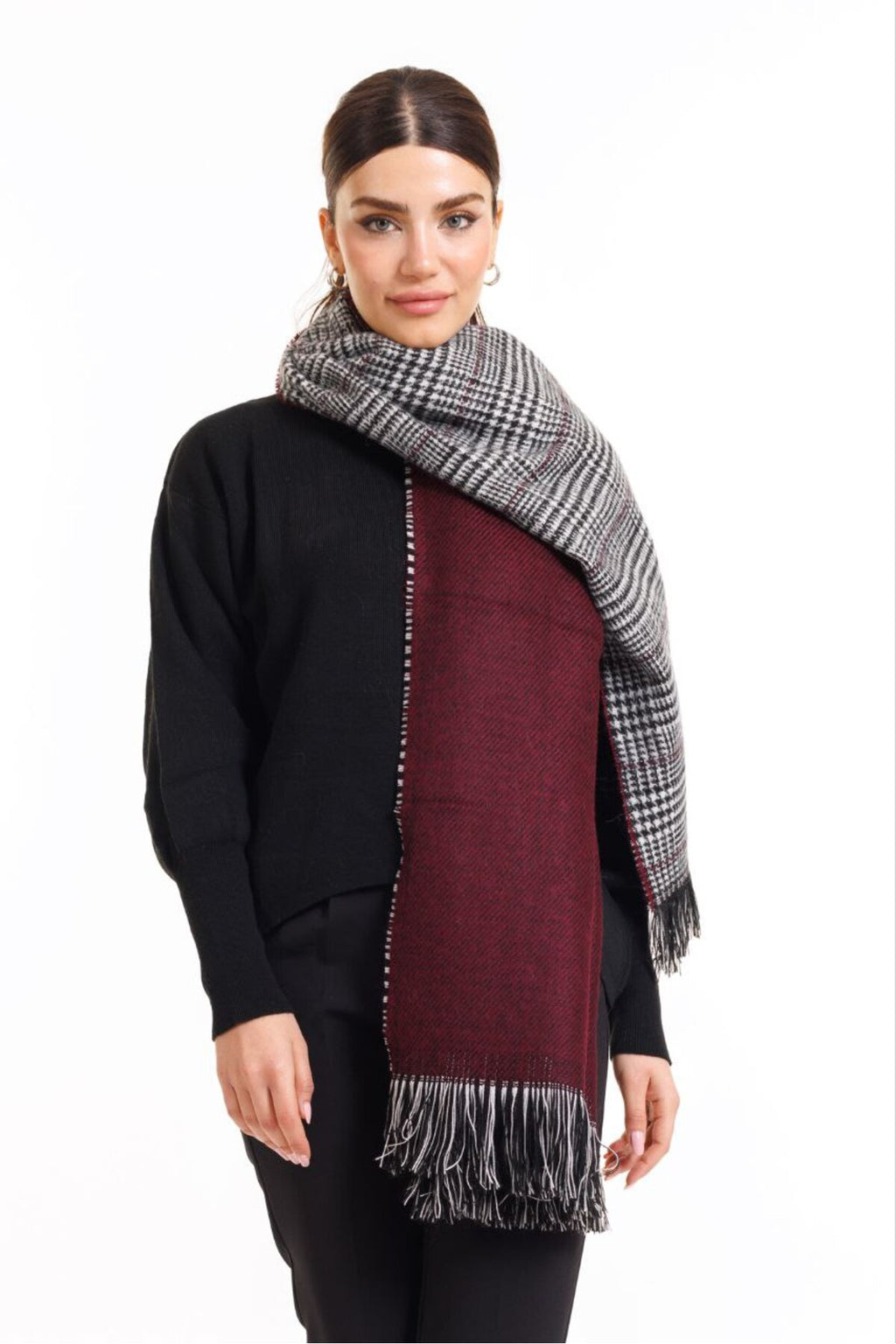 Çift Taraflı Ekoseli Yünlü Omuz Şalı - 70x190cm - Kışlık Şal