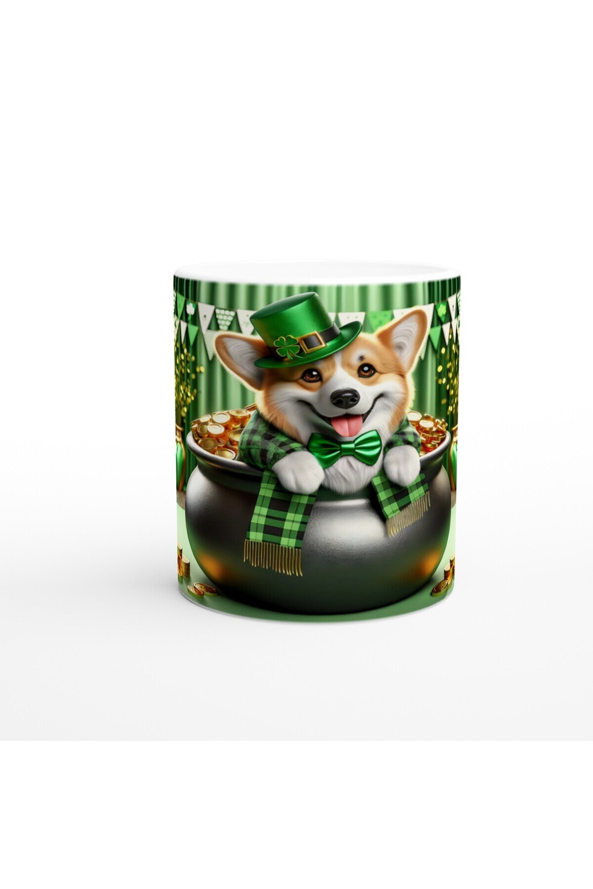 St. Patrick Şapkasıyla Gülümseyen Corgi Temalı Baskılı Kupa Bardak