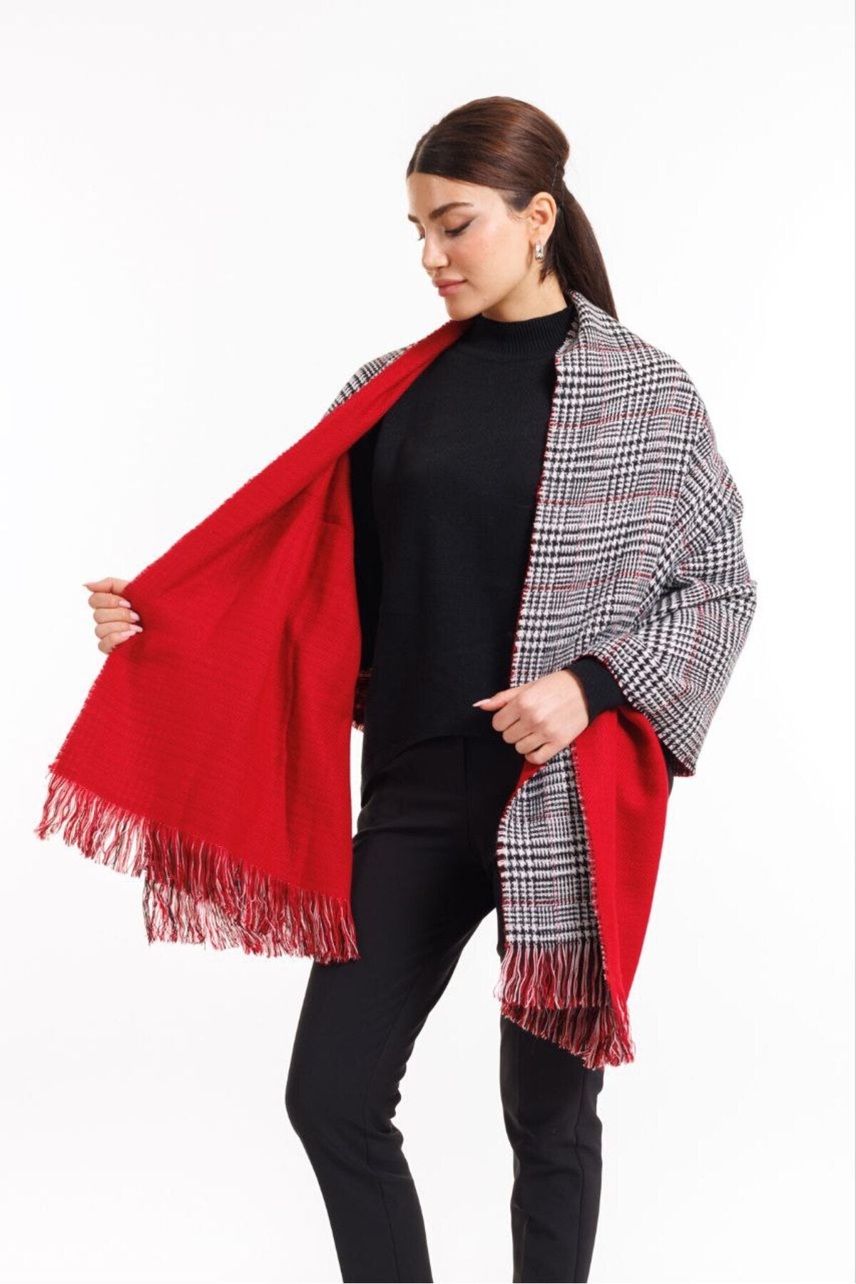 Çift Taraflı Ekoseli Yünlü Omuz Şalı - 70x190cm - Kışlık Şal (Tek Ebat)