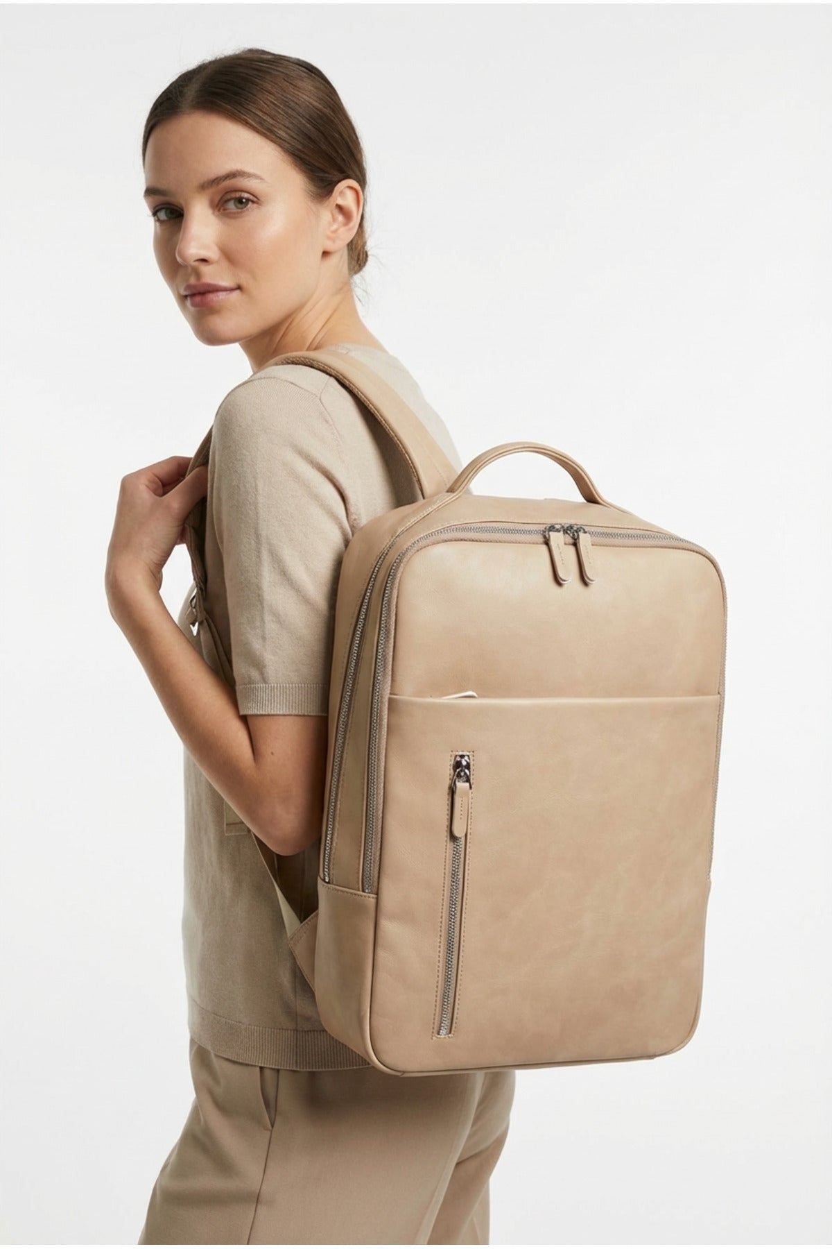 Bej Sırt Çantası Laptop Bölmeli Organizer Sırt Çanta