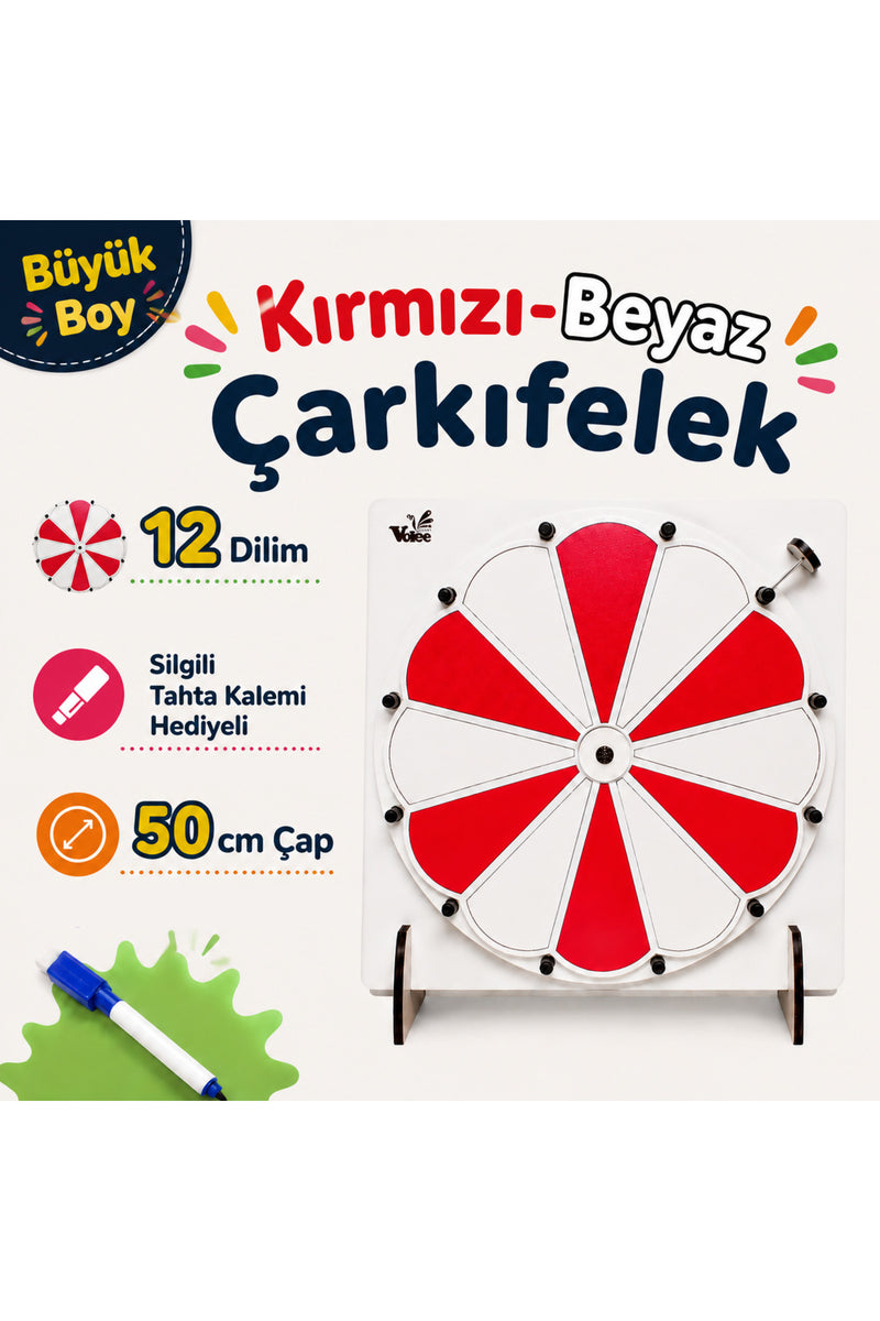 BÜYÜK BOY 12 DİLİM Kırmızı-Beyaz Çarkıfelek Oyunu Ahşap Eğitim Materyali + MES Akademi Eğitim Seti Hediye!