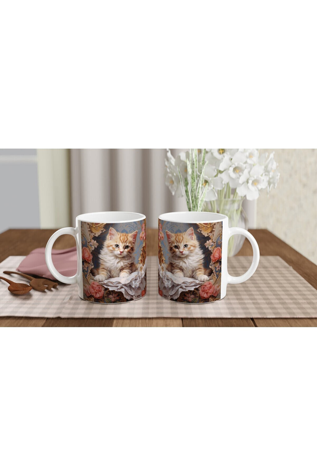 Barok Çiçekler Arasında Sevimli Kedi Kupa Bardak