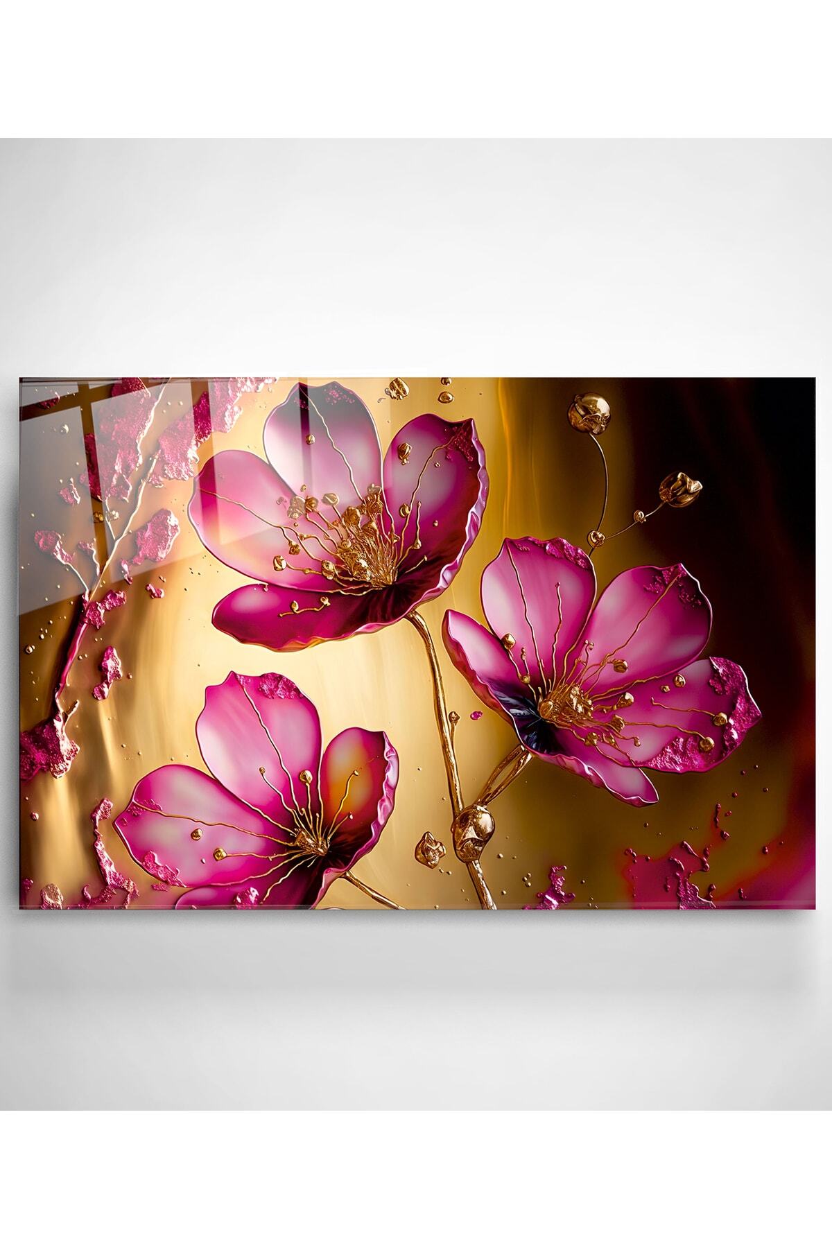 Pink Flowers Cam Tablo, Dekoratif Cam Tablo