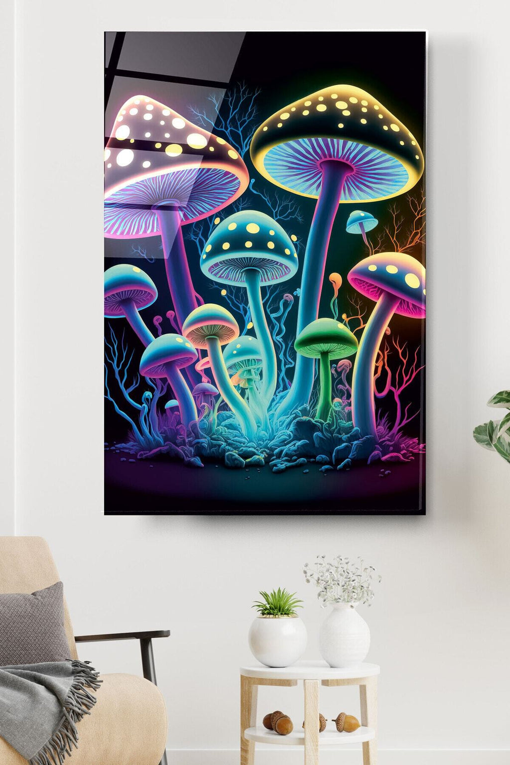 Neon Mantarlar Cam Tablo, Dekoratif Cam Tablo
