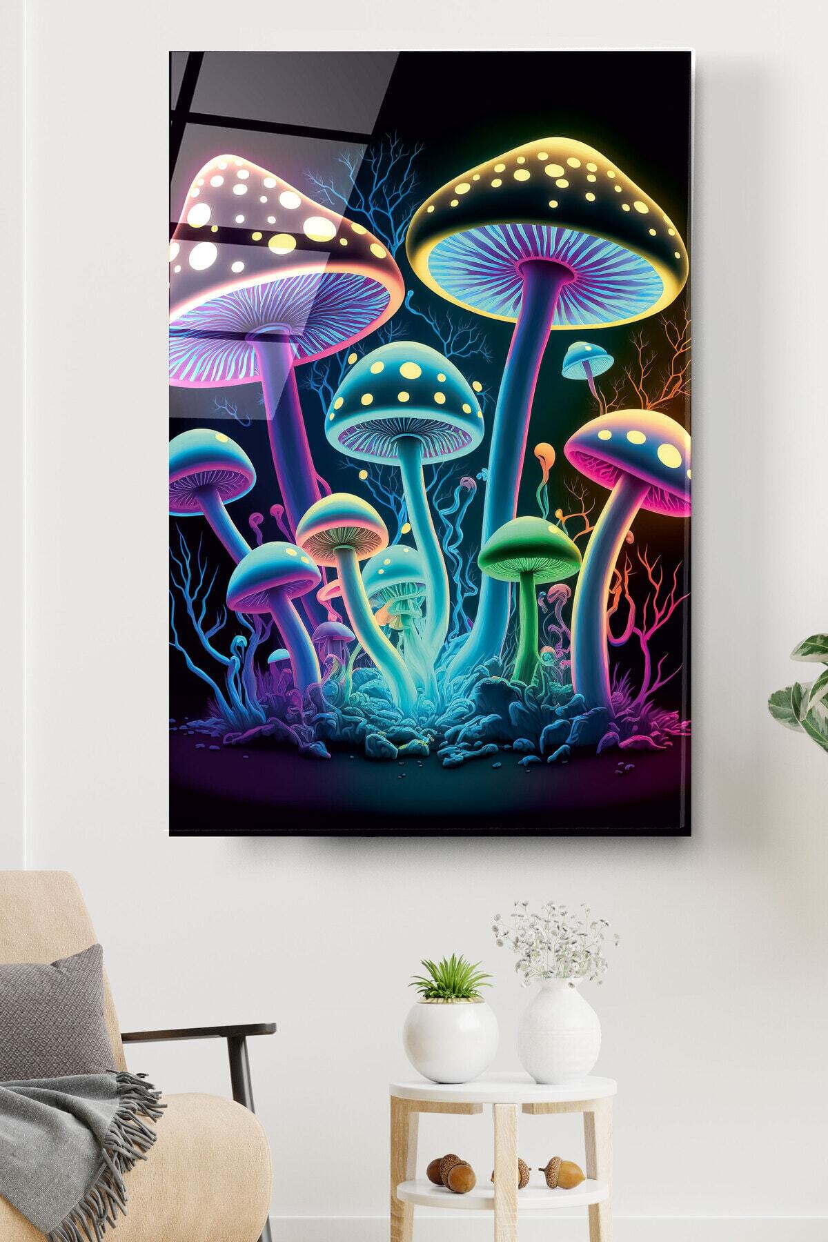 Neon Mantarlar Cam Tablo, Dekoratif Cam Tablo