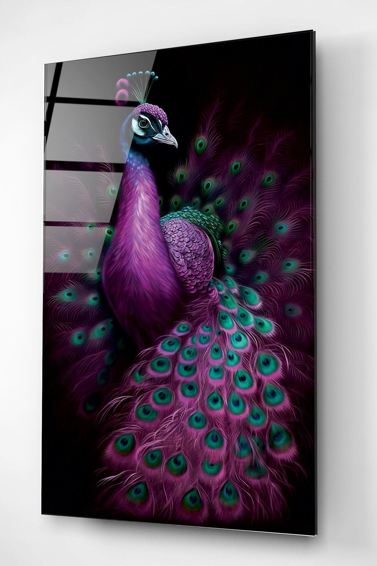 Tavus Kuşu Cam Tablo, Dekoratif Cam Tablo (50 x 70)