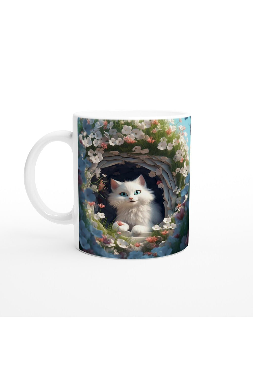 Çiçek Bahçesinde Saklanan Beyaz Kedi Temalı Baskılı Kupa Bardak