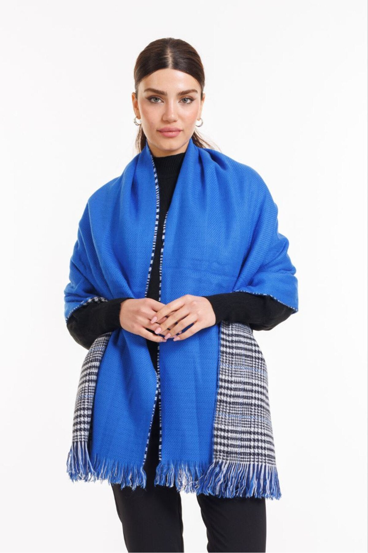 Çift Taraflı Ekoseli Yünlü Omuz Şalı - 70x190cm - Kışlık Şal (Tek Ebat)
