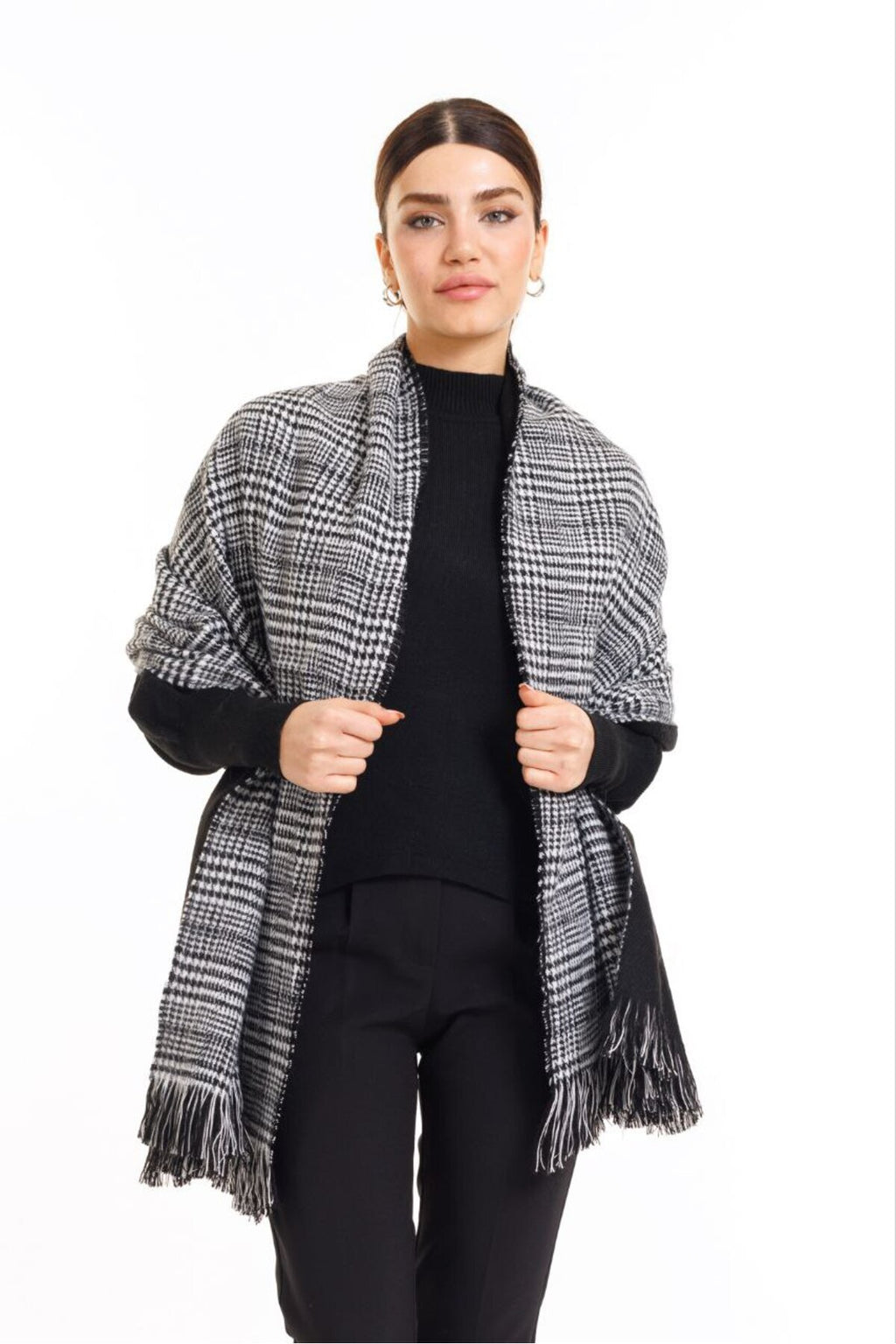 4 Mevsimlik Çift Taraflı Ekoseli Yünlü Omuz Şalı - 70x190cm - Kışlık Şal (Tek Ebat)