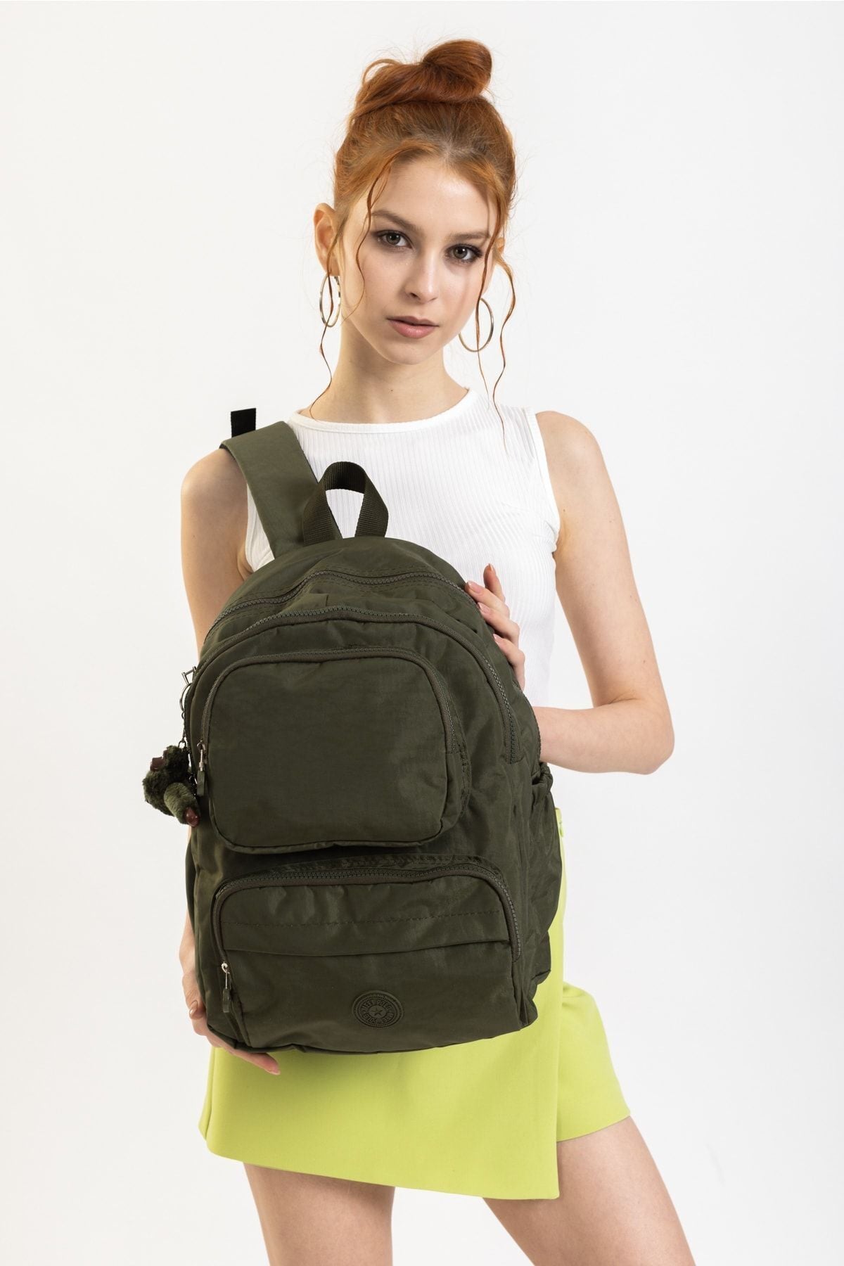Haki Unisex Krinkıl Kumaş Sırt Çantası Okul Çantası Seyahat Çantası Su Geçirmez Spor