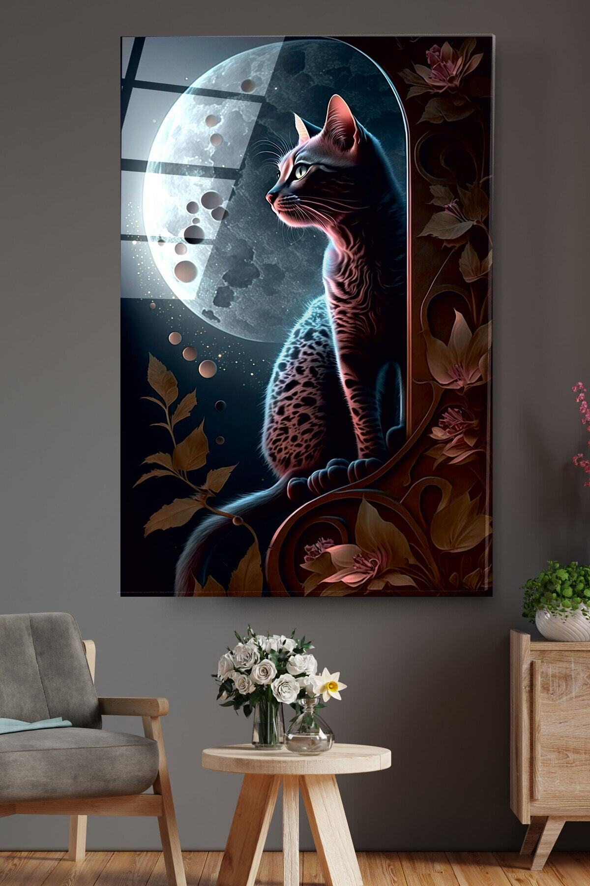 Dolunay Ve Kedi Cam Tablo, Dekoratif Cam Tablo