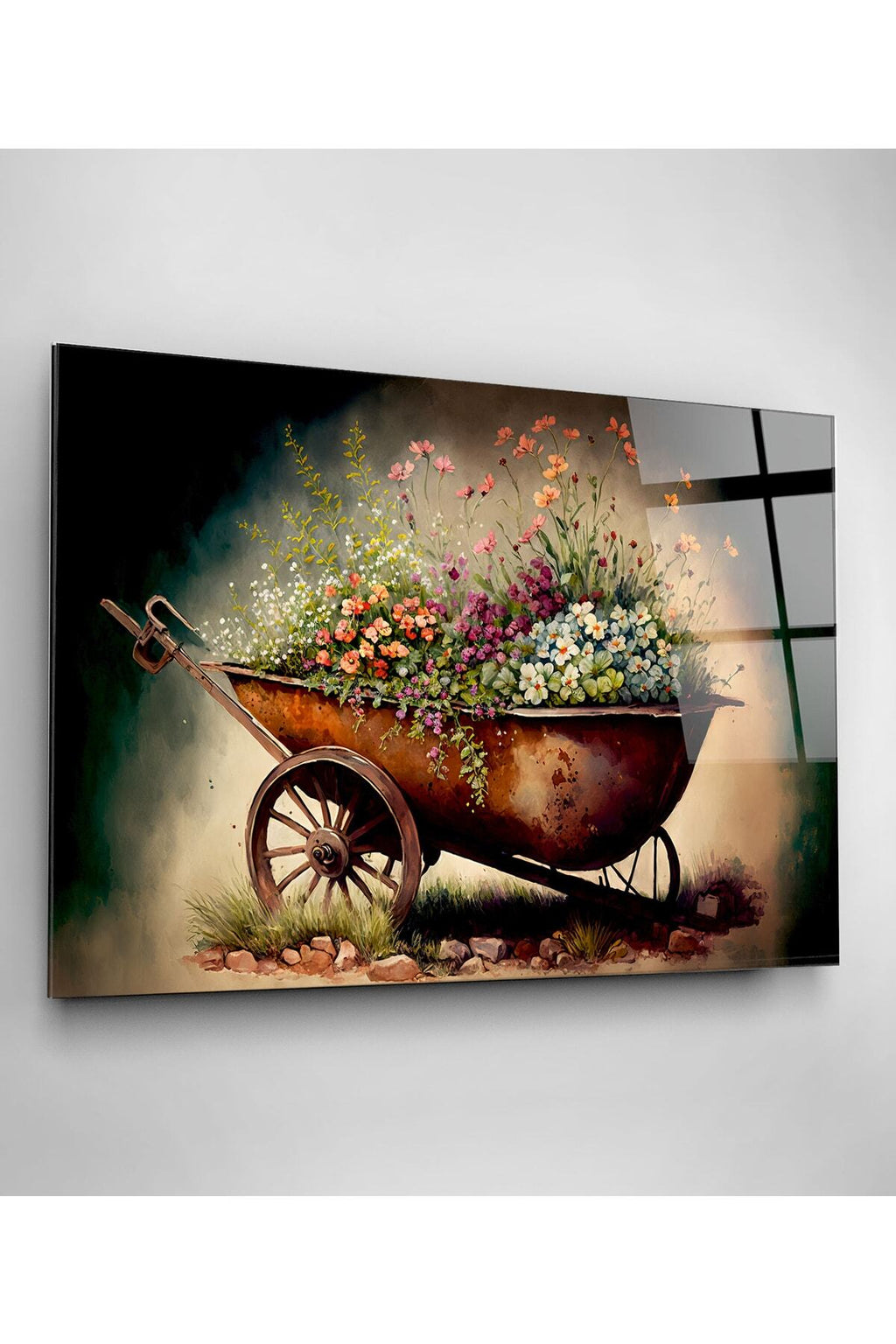 Çiçekli El Arabası Cam Tablo, Dekoratif Cam Tablo (60 x 90)