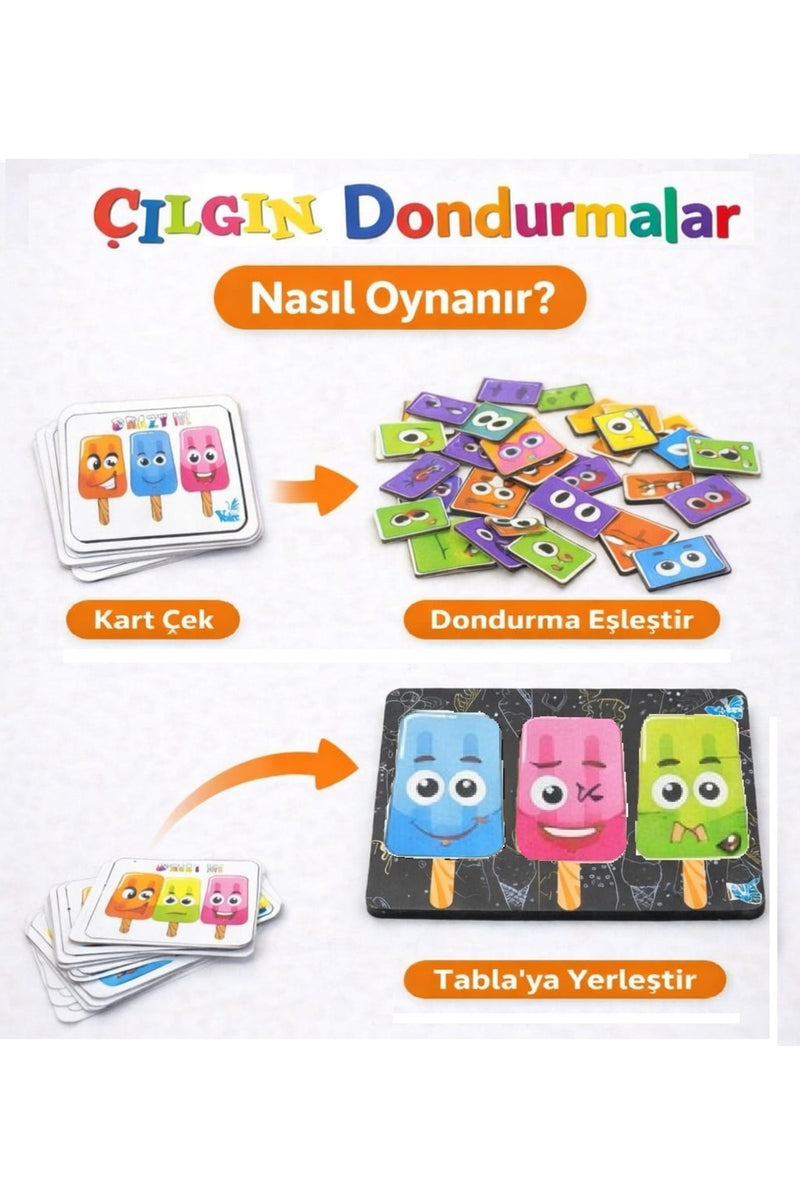 Çılgın Dondurmalar, Duygu Eşleştirme Oyunu, Eğitici Ahşap Okul Öncesi Puzzle Seti + MES Akademi Eğitim Seti Hediye!