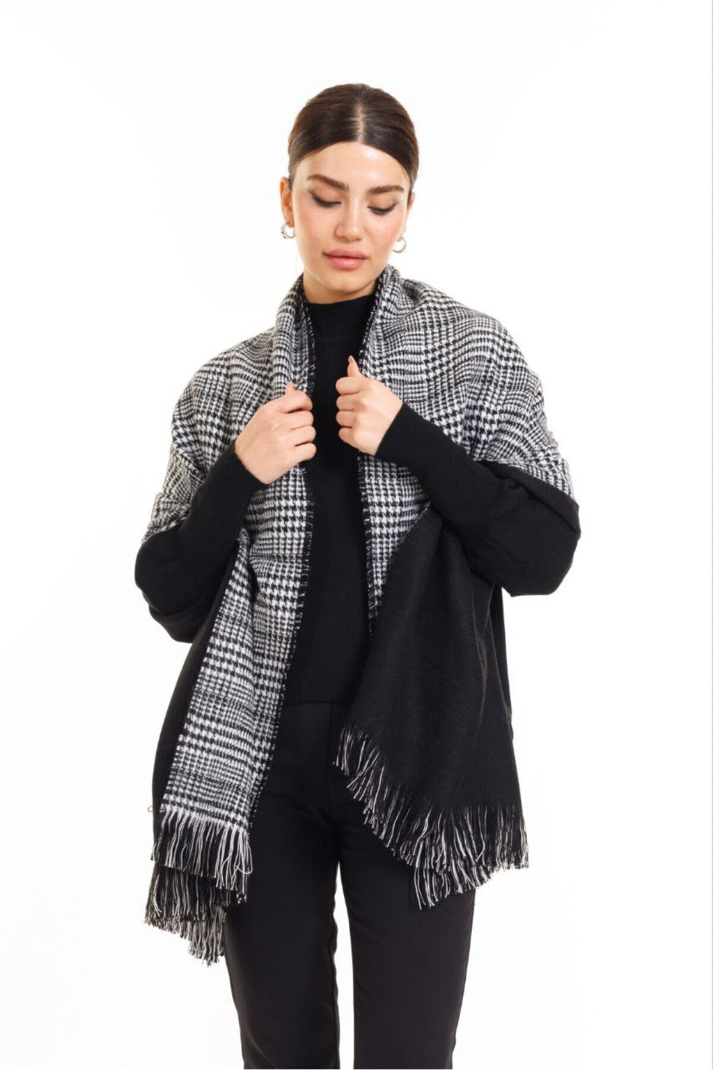 4 Mevsimlik Çift Taraflı Ekoseli Yünlü Omuz Şalı - 70x190cm - Kışlık Şal (Tek Ebat)