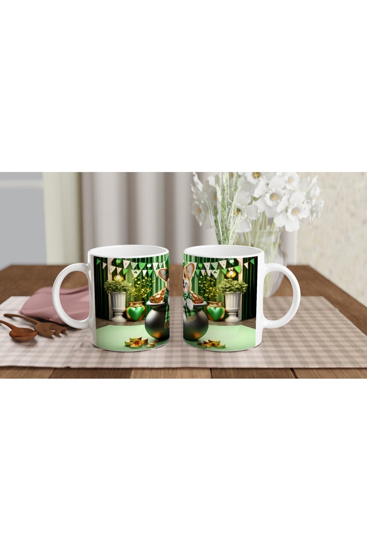 St. Patrick Şapkasıyla Gülümseyen Corgi Temalı Baskılı Kupa Bardak