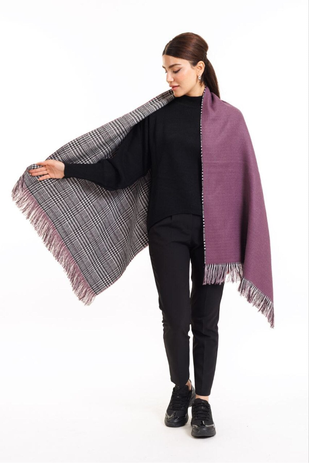 Çift Taraflı Ekoseli Yünlü Omuz Şalı - 70x190cm - Kışlık Şal (Tek Ebat)