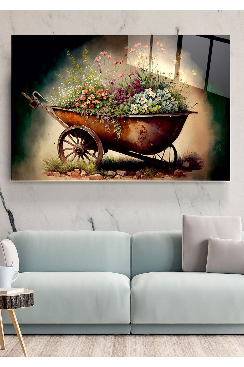 Çiçekli El Arabası Cam Tablo, Dekoratif Cam Tablo (80 x 120)