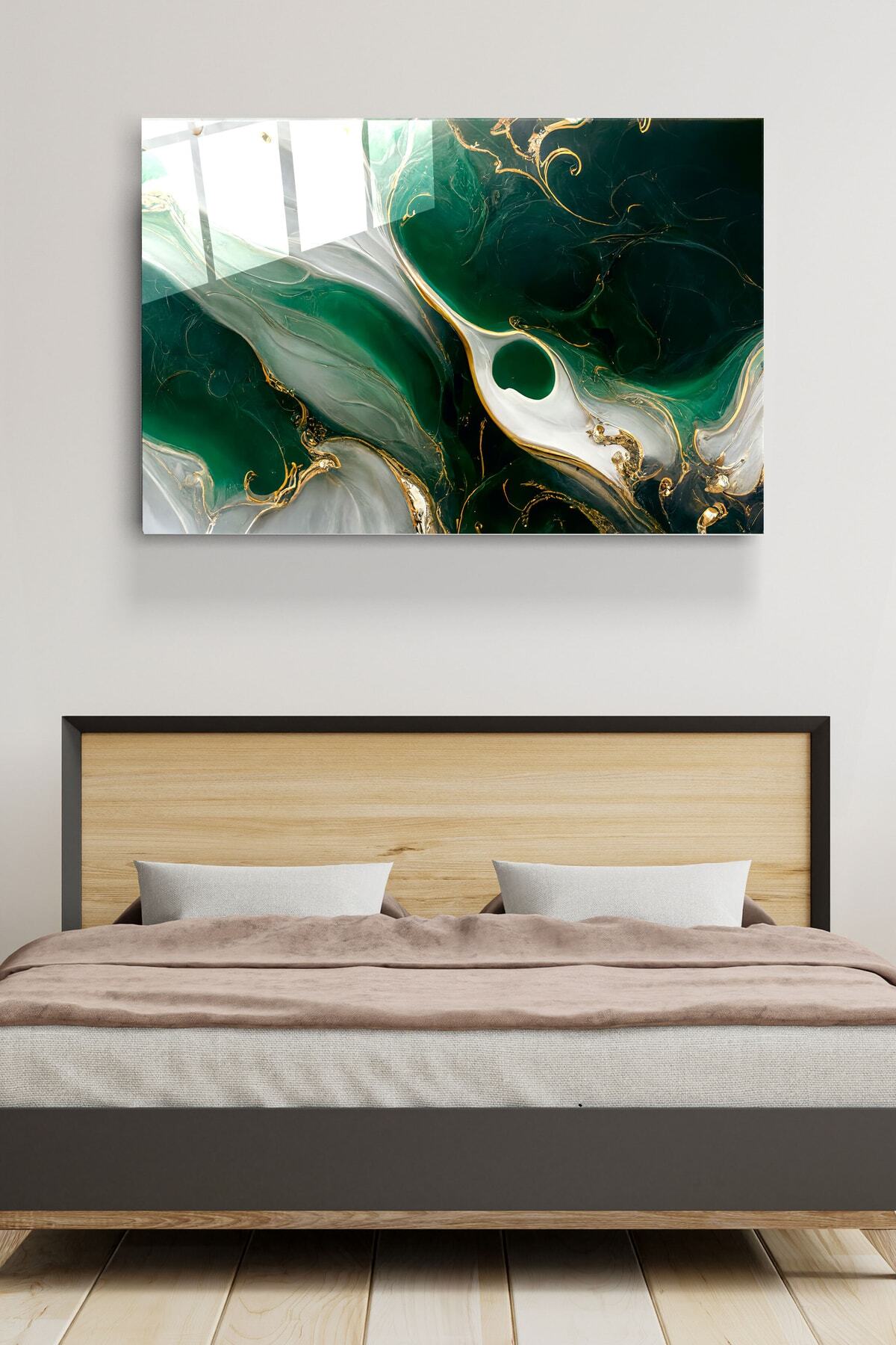 Green And Gold Cam Tablo, Dekoratif Cam Tablo (70 x 105)