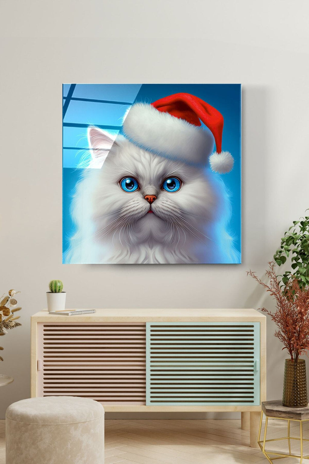 Noel Şapkalı Kedi Cam Tablo, Dekoratif Cam Tablo