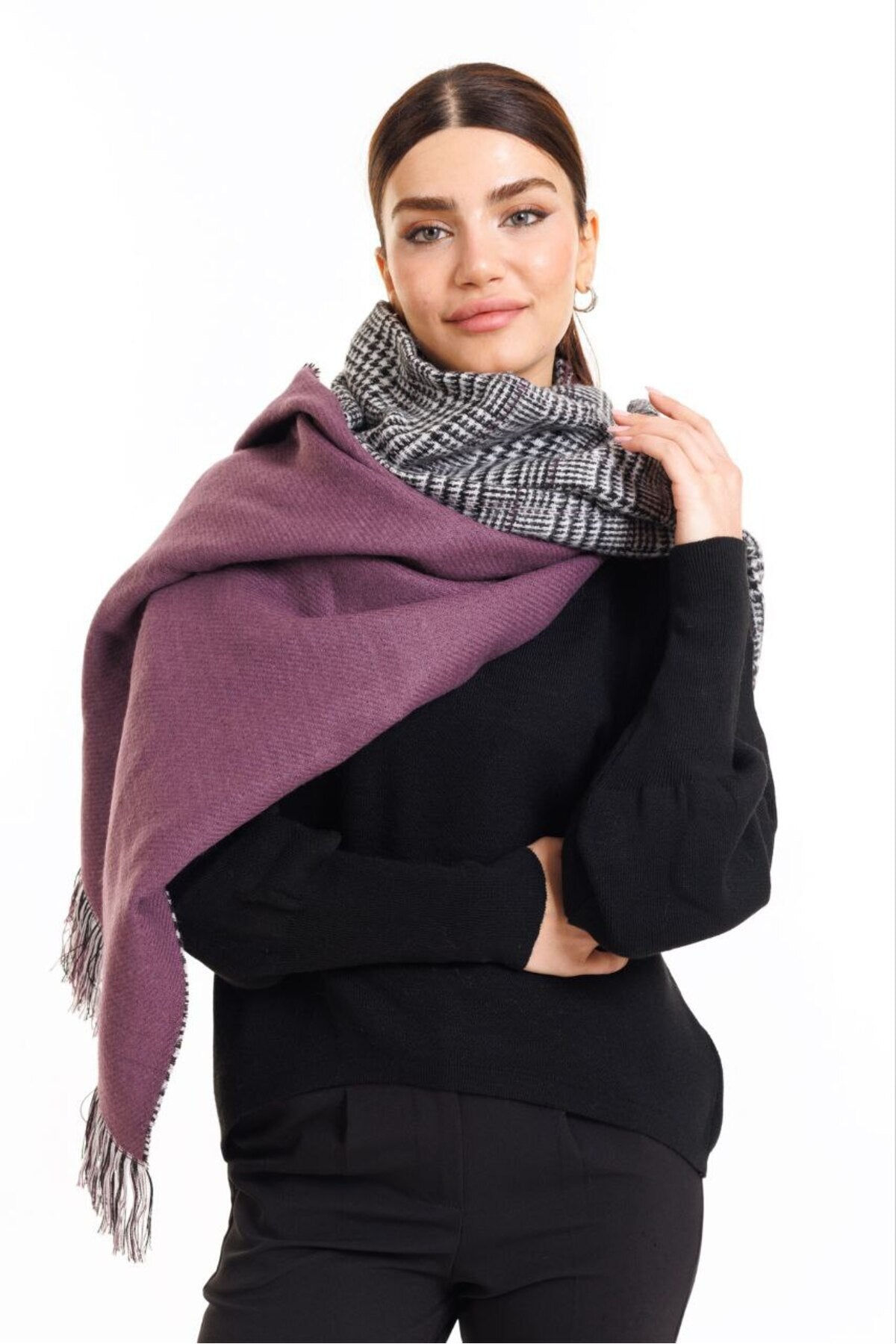 Çift Taraflı Ekoseli Yünlü Omuz Şalı - 70x190cm - Kışlık Şal (Tek Ebat)
