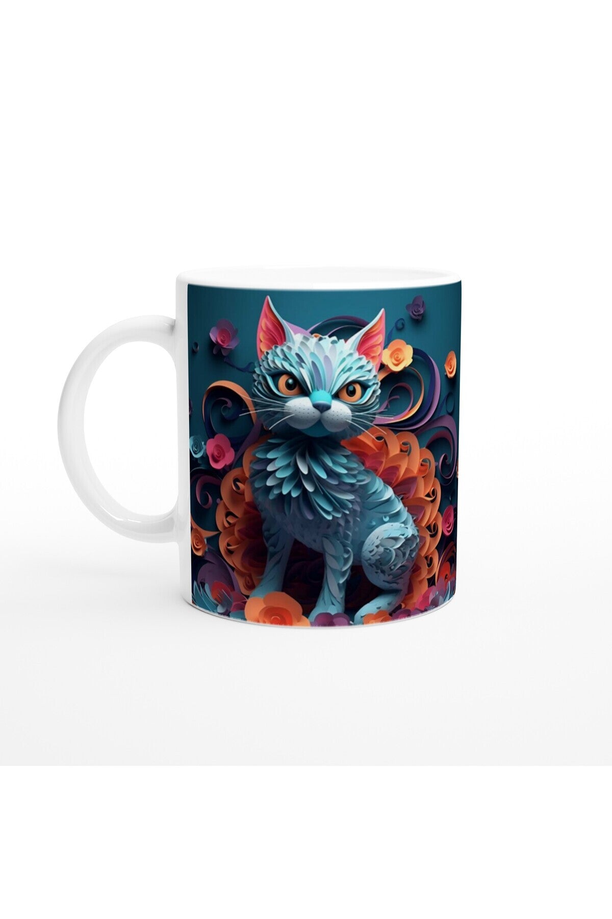 Çiçekli Sanatsal Kedi Baskılı Kupa Bardak