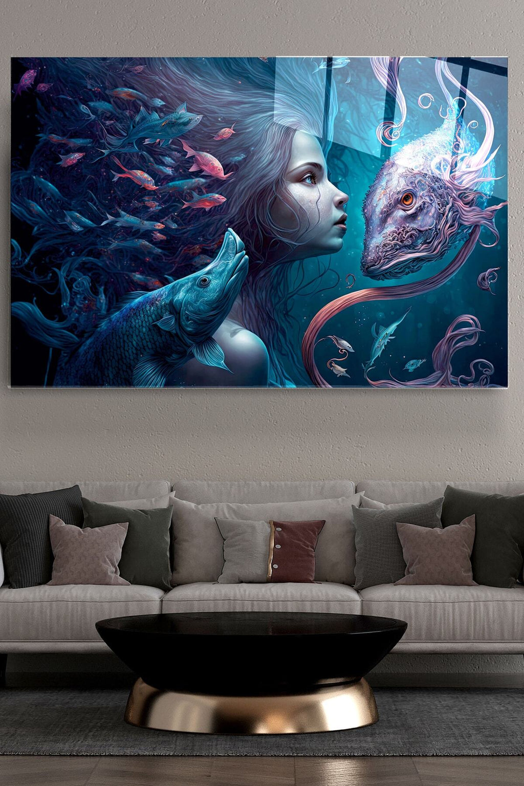 Mermaid And Fishes Cam Tablo, Dekoratif Cam Tablo (30 x 50)