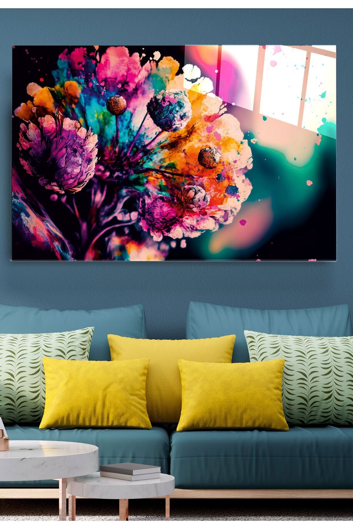 Renkli Çiçek Cam Tablo, Dekoratif Cam Tablo (80 x 120)