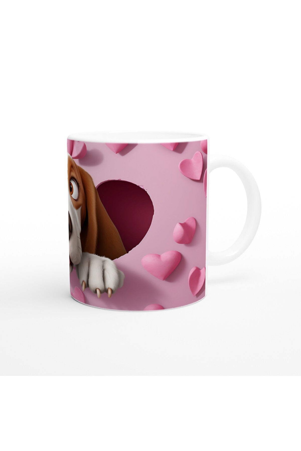 Kalpli Pembe Duvardan Bakan Basset Hound Temalı Baskılı Kupa Bardak