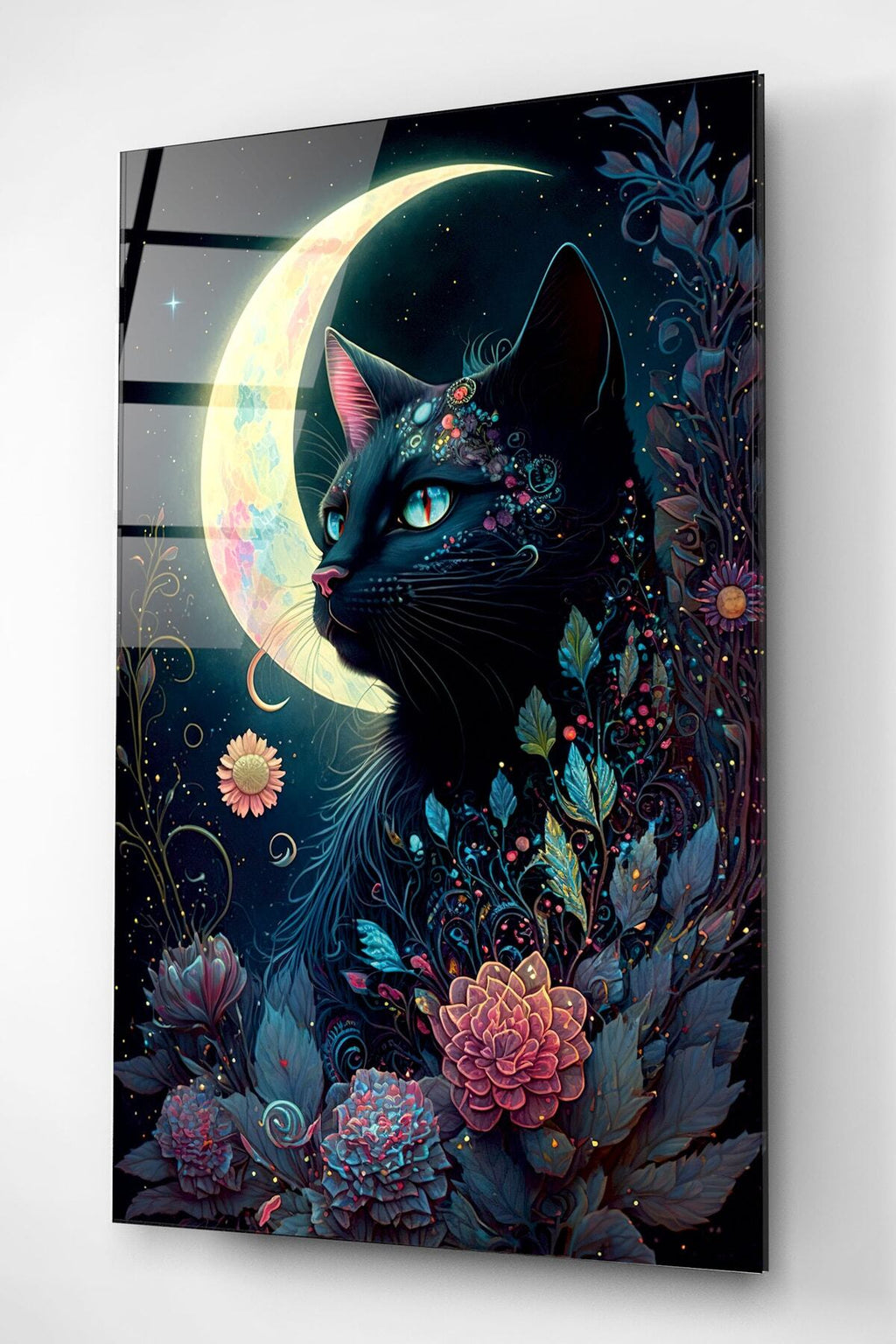 Moon And Cat Cam Tablo, Dekoratif Cam Tablo