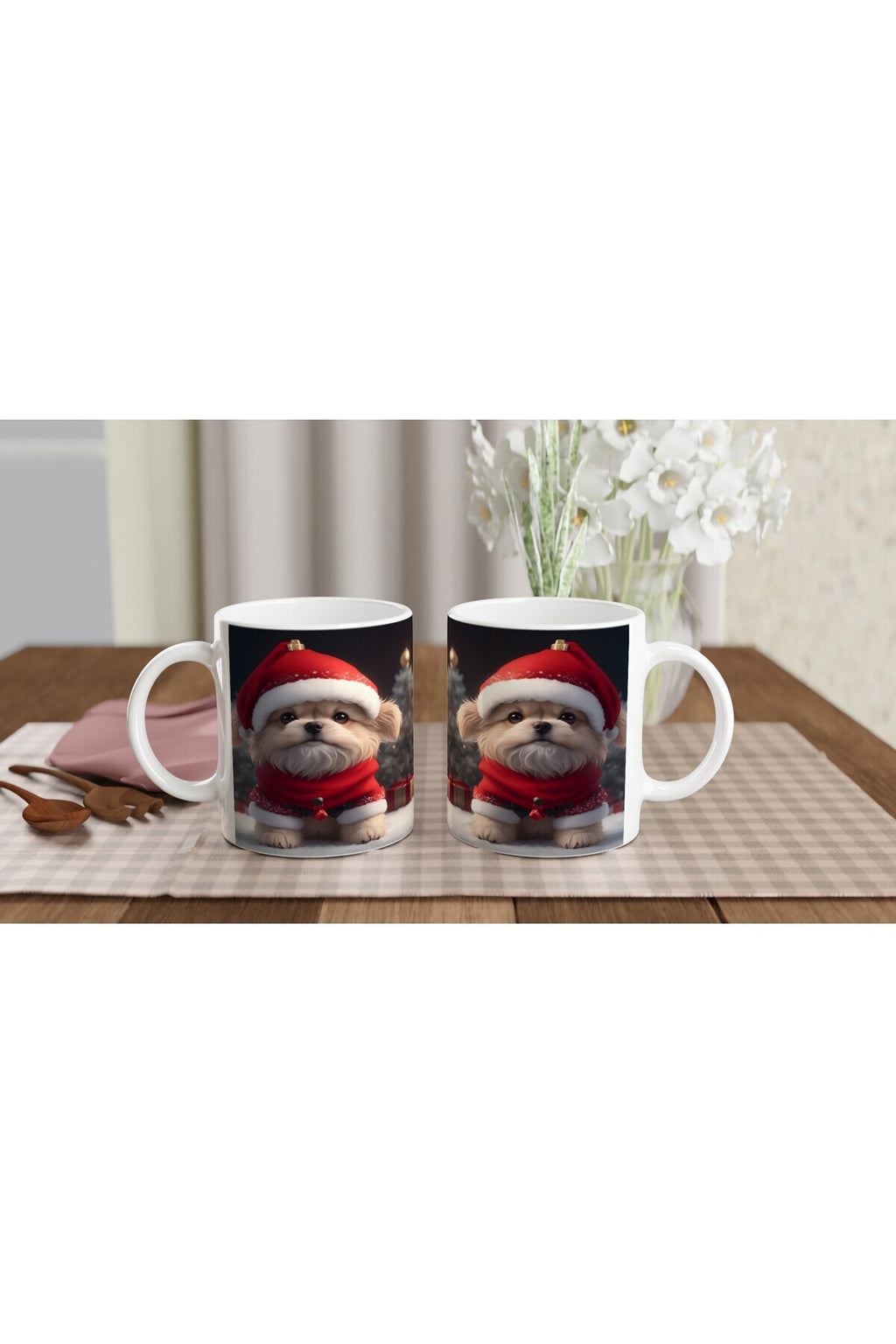 Kırmızı Şapkalı Mini Noel Köpeği Baskılı Kupa Bardak