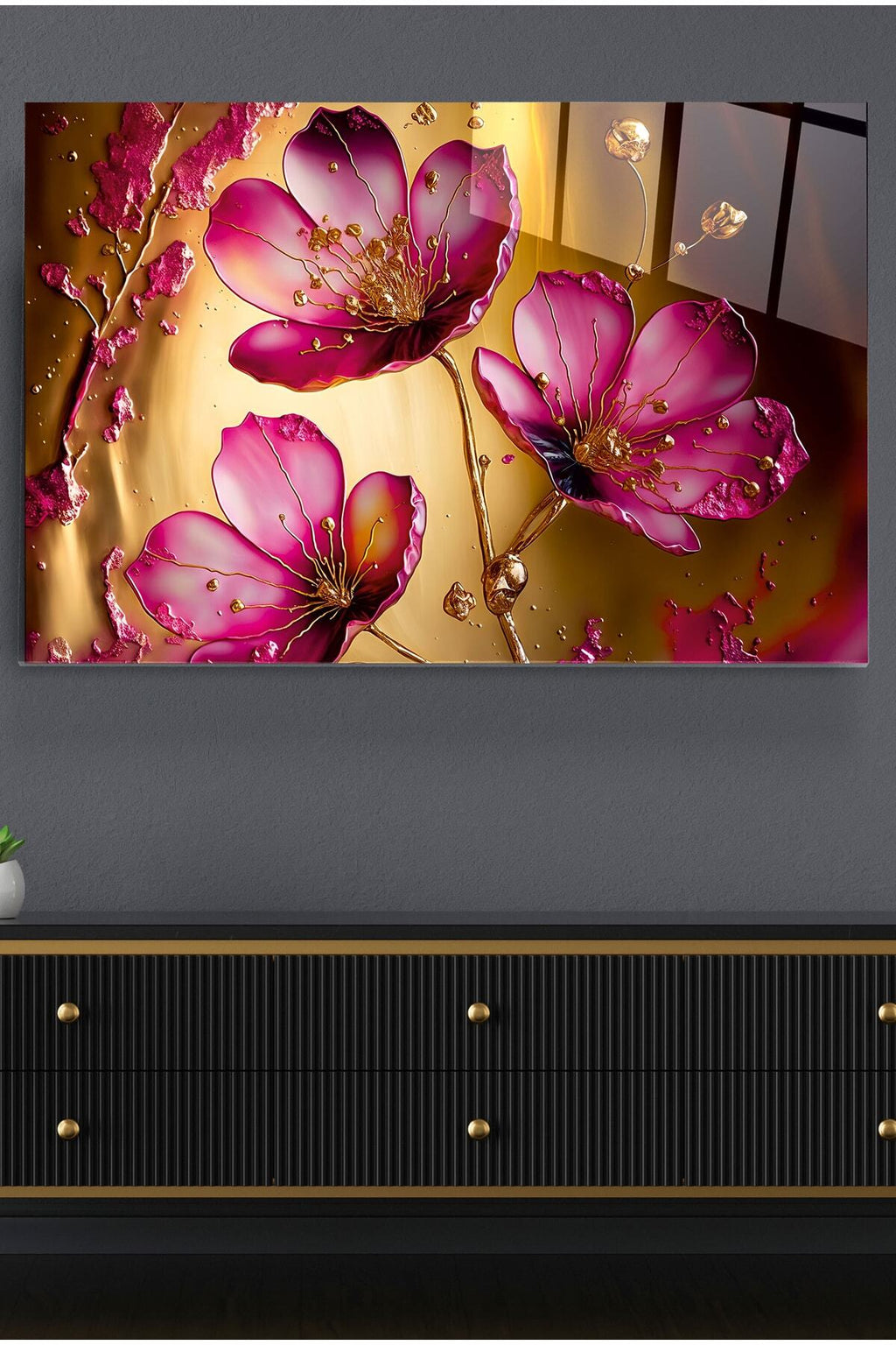 Pink Flowers Cam Tablo, Dekoratif Cam Tablo