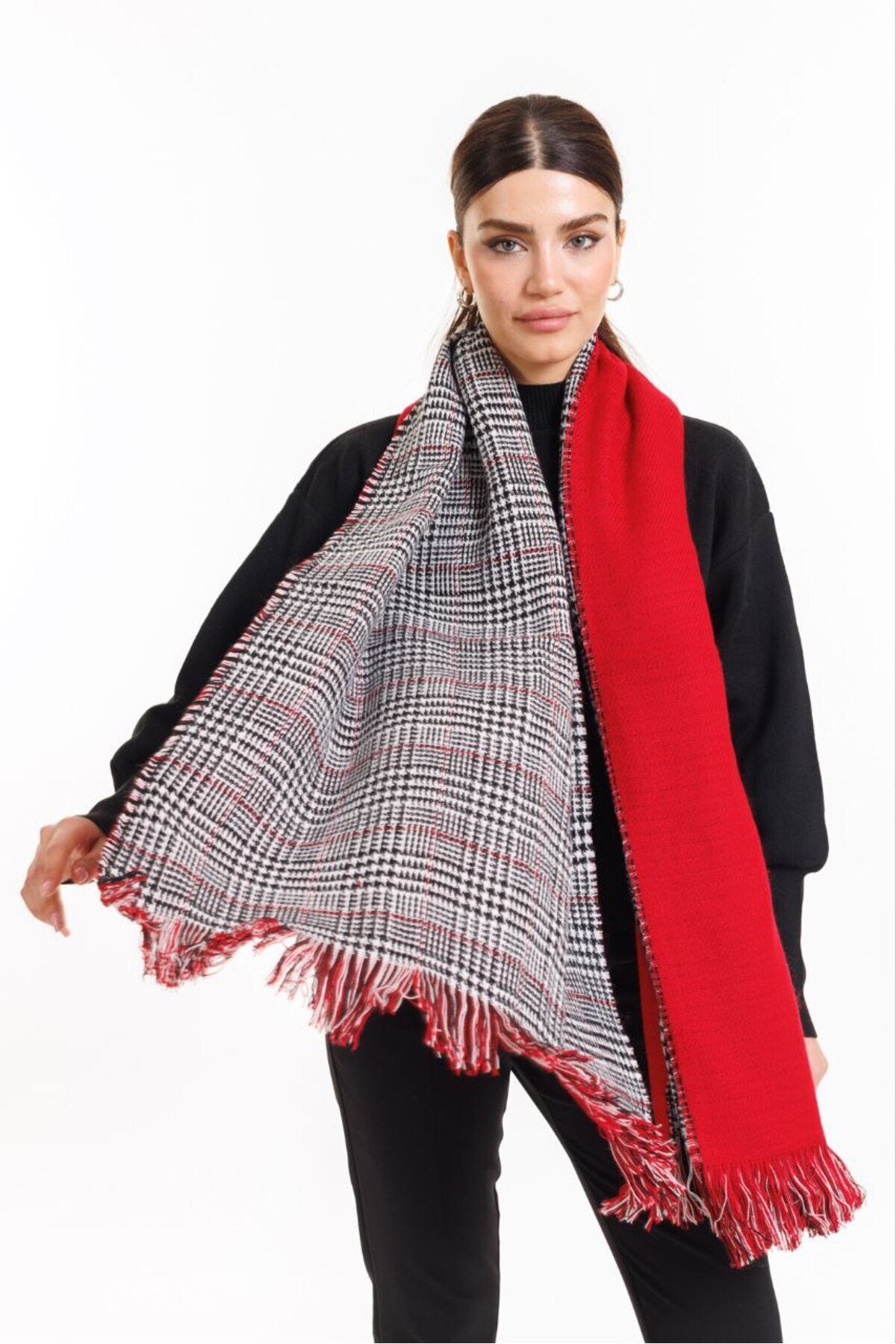 Çift Taraflı Ekoseli Yünlü Omuz Şalı - 70x190cm - Kışlık Şal (Tek Ebat)
