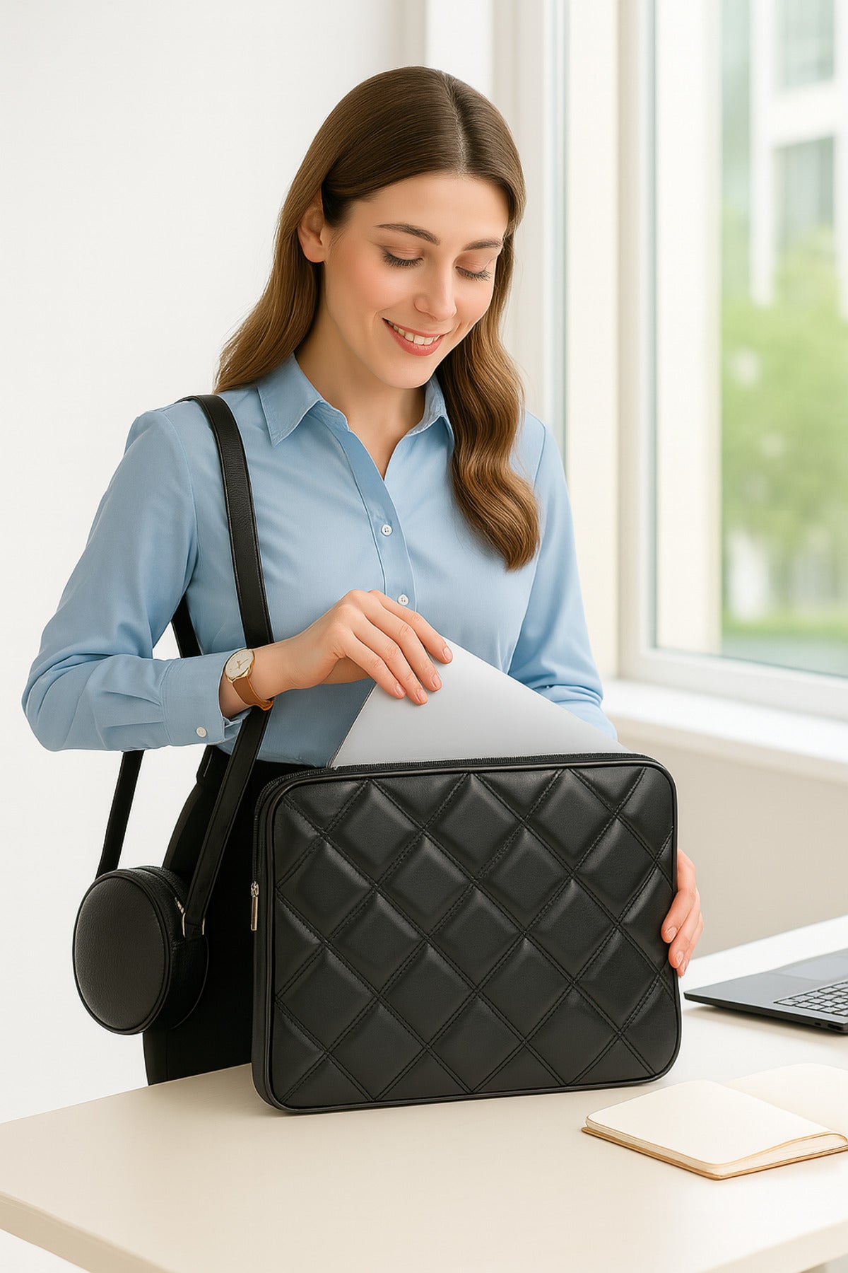 Kapitone Laptop Kılıfı 15.6" ve 16" Inç Düz Siyah