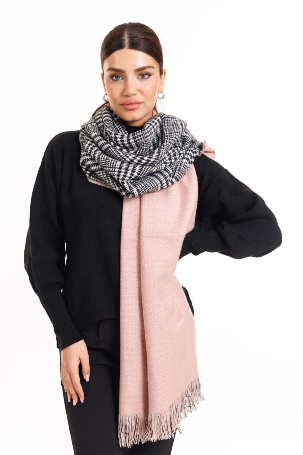 Çift Taraflı Ekoseli Yünlü Omuz Şalı - 70x190cm - Kışlık Şal (Tek Ebat)