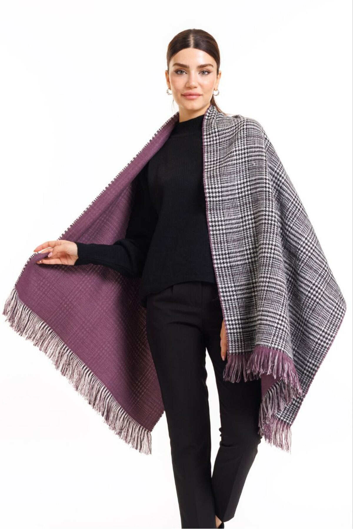 Çift Taraflı Ekoseli Yünlü Omuz Şalı - 70x190cm - Kışlık Şal (Tek Ebat)