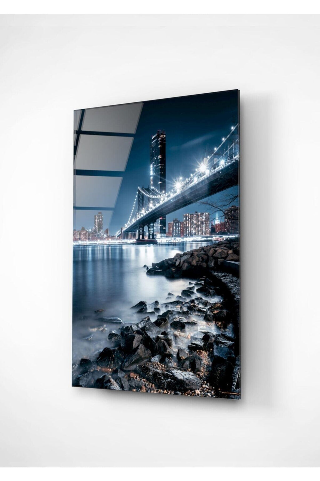 Manhattan Bridge, New York Temalı Modern Uv Dijital Baskı Dekoratif Cam Tablo 70x110