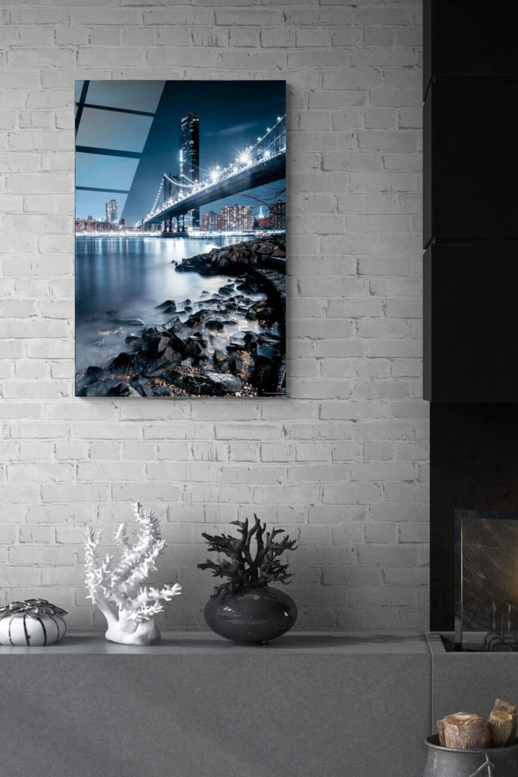 Manhattan Bridge, New York Temalı Modern Uv Dijital Baskı Dekoratif Cam Tablo 70x110