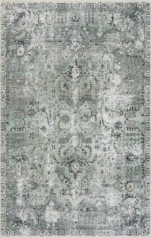 Yuzia Green Oriental Washable Polyester Area Rug