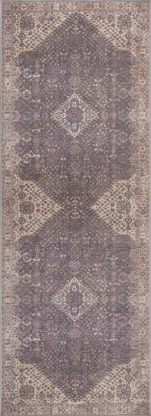 Kuba Gray Medallion Washable Machine Woven Area Rug with Durable Polyurethane Ba