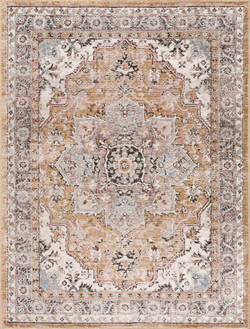 Yacae Beige Medallion Machine Woven Polypropylene Area Rug