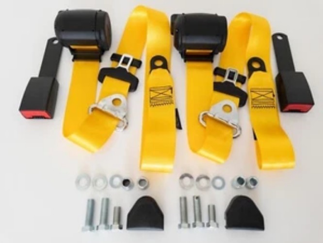 Automatic 3-point seat belt YELLOW Set for Mercedes R 107 SL - SLC, New Seatbelt